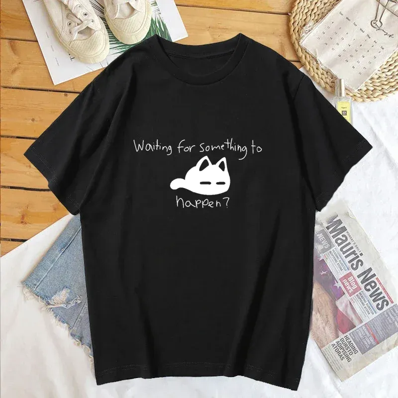 T-shirt Shirt Harajuku Short Sleeve Tee Tops Clothing Waiting for Something To Happen Omori Cat Print Women Aesthetic Clothes