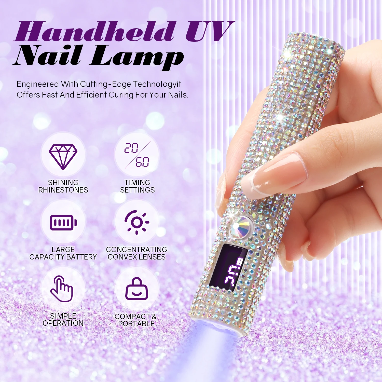 Mini Handheld UV LED Nail Lamp With Diamonds Portable Nail Dryer For Curing Gel Polish With Display Manicure Machine 2