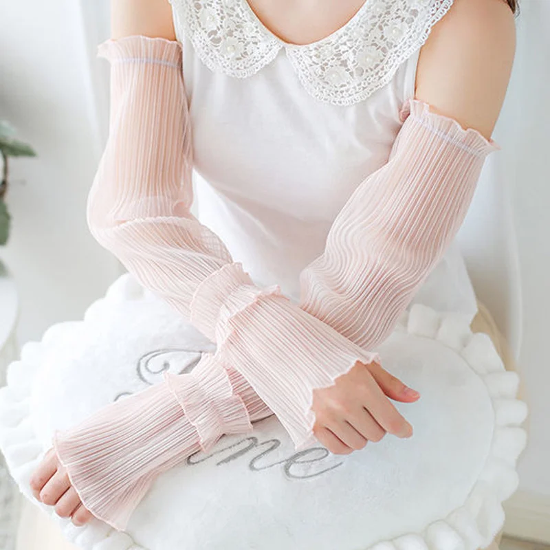 Summer Long  Lace Ruffles Elbow Women Sun Protection Sleeves Gloves Lady Thin Lace Mesh Arm Sleeve Sunscreen Breathable Mittens