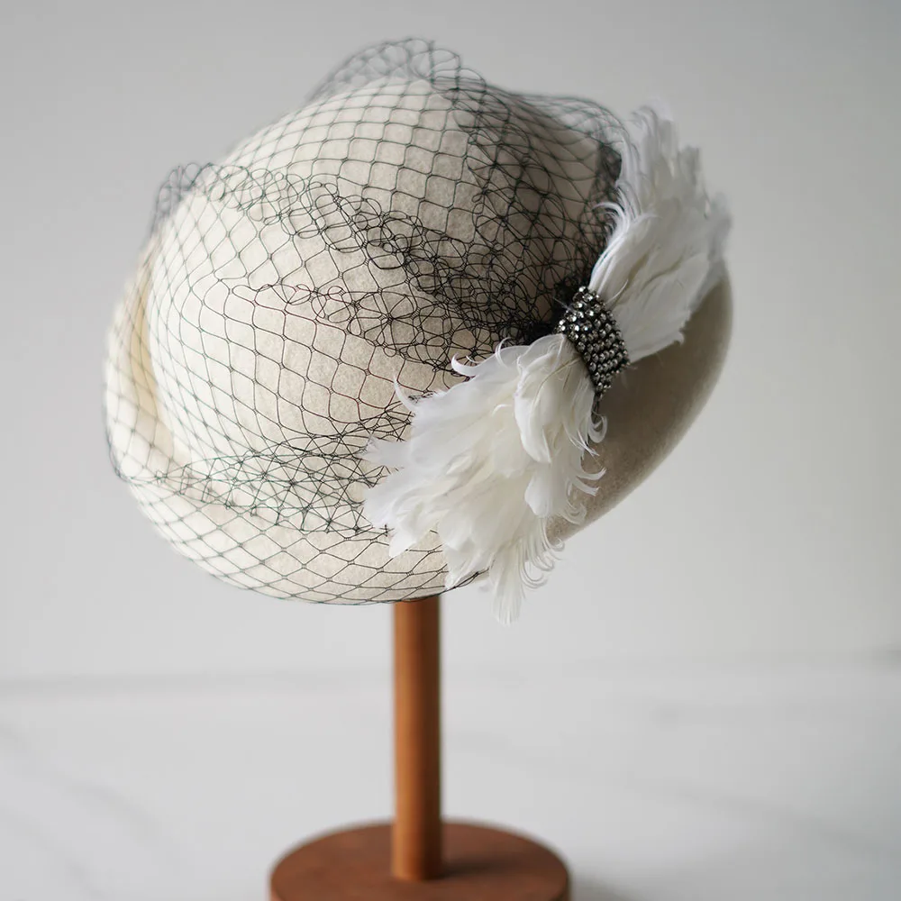 Hot Sale Womens French Style Feather Bow Fansitor Veil Wool Felt Dress Winter Beret Pillbox Hats Event Church Tea Party_autovado.com