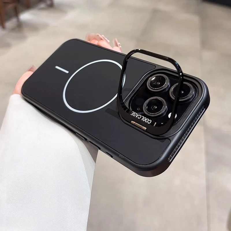 Premium Magnetic Liquid Silicone Shockproof Phone Case with Metal Lens Stand Holder
