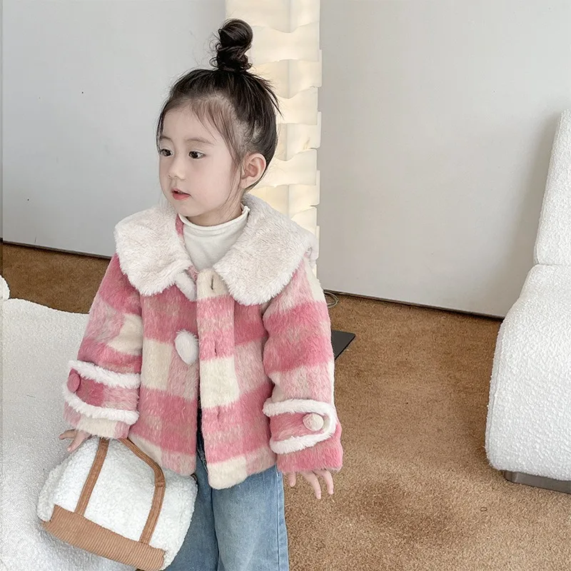 

2023 New Winter Girls One Piece Plush Coat Rabbit Turn-down Collar Warm Fashion Sweet All-match Outdoor Soft Fur