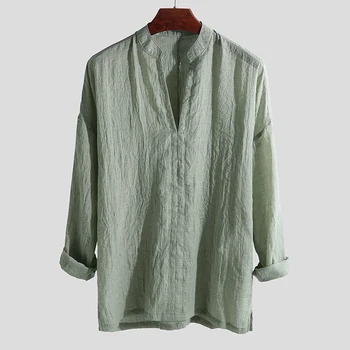 Camicie sociali casual da uomo Camicia in lino di cotone Camicia formale a maniche lunghe Camicette Camicia normale solida Camicia alla moda Top Abbigliamento maschile