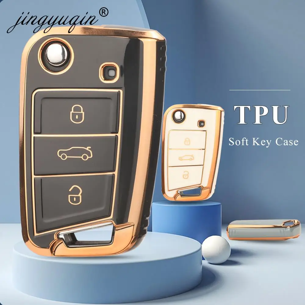 Jingyuqin TPU Car Flip Key Case Cover for VW, SEAT, and Skoda Vehicles