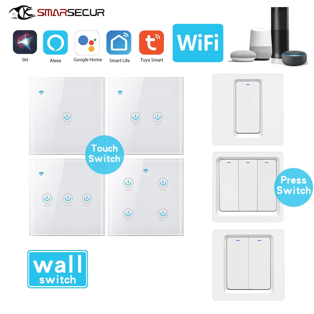 Interruptor táctil Tuya EU/Smart Life NL Tipo 1/2/3 Gang 1 Way WiFi para Google  Home, Alexa, Control por voz