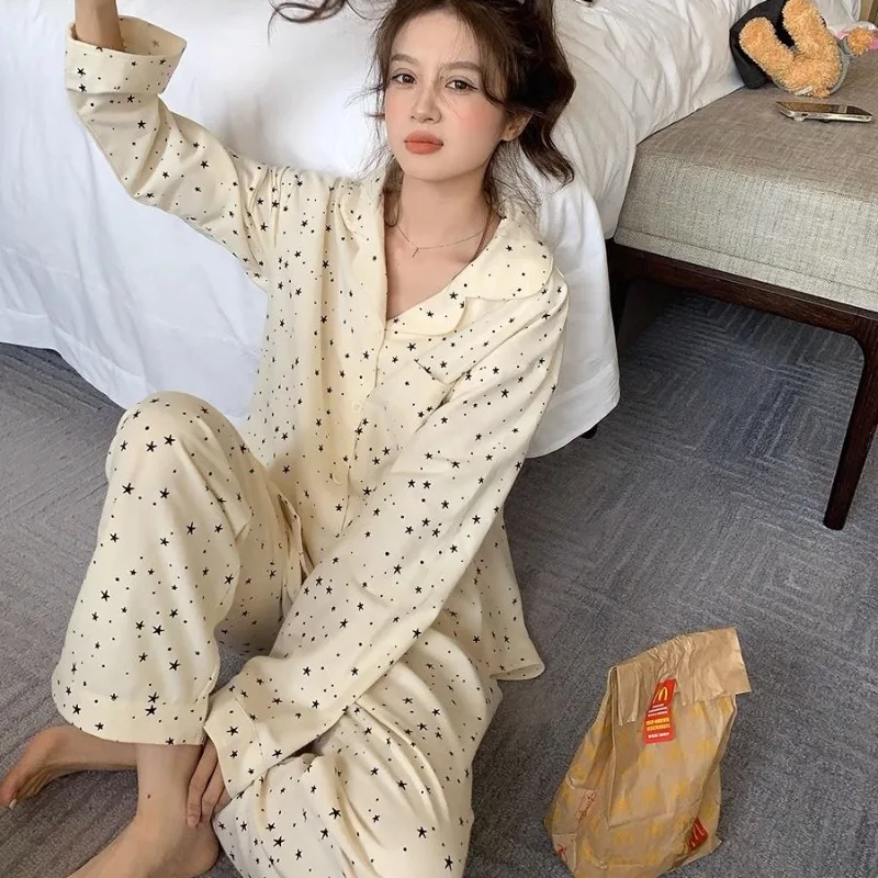 2024 New Minimalist Star Loungewear Long Sleeved Pajamas Female Autumn Students Sleepwear V-neck Loose Comfortable Homewear Set