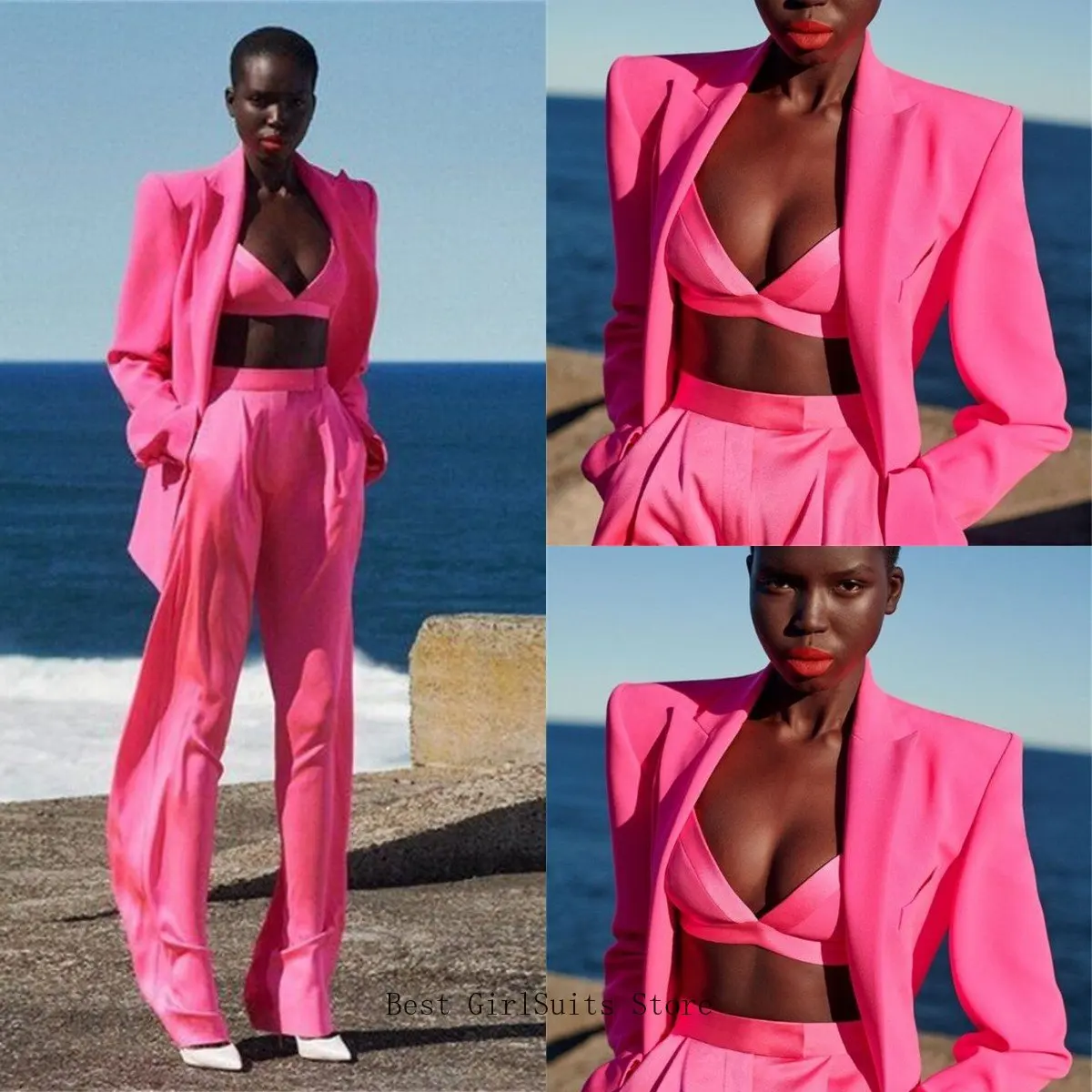 

3 Pieces Women Suits Sets 2023 Fashion Blazer+Bra Top+Pants Formal Sexy Pink Prom Evening Dress Custom Made