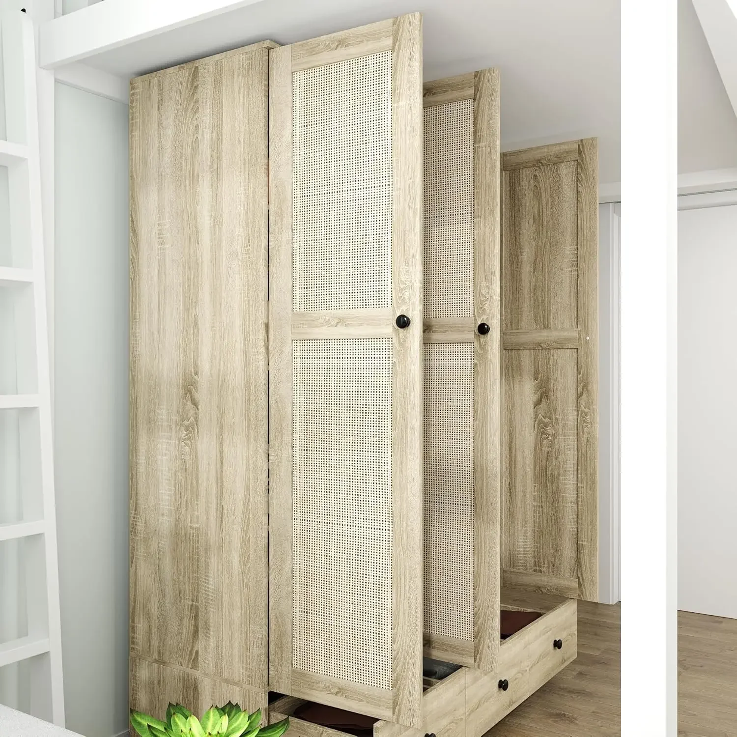 NEW-Ratten Wardrobe Armoire Closet,3 Door Rattan Closet Wardrobe Cabinet with 3 Drawers&Hanging Rod,Storage Wardrobe Armoire Dre