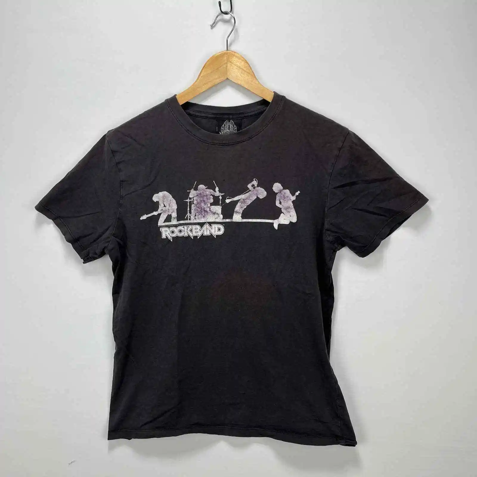 Vintage Rock Band Game Guitar Hero Camicia Nera Sbiadita Maniche Medie Lunghe O Corte