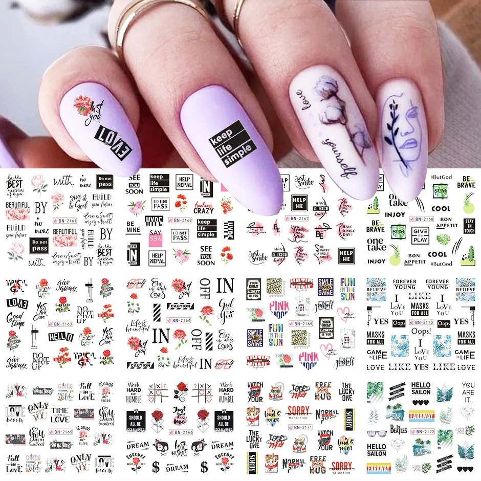 English Letter Line Water Stickers For Nails Rose Leaves Transfer Sliders  Decals Leopard Print Manicure Decoration Glbn2161-2172 - Stickers & Decals  - AliExpress