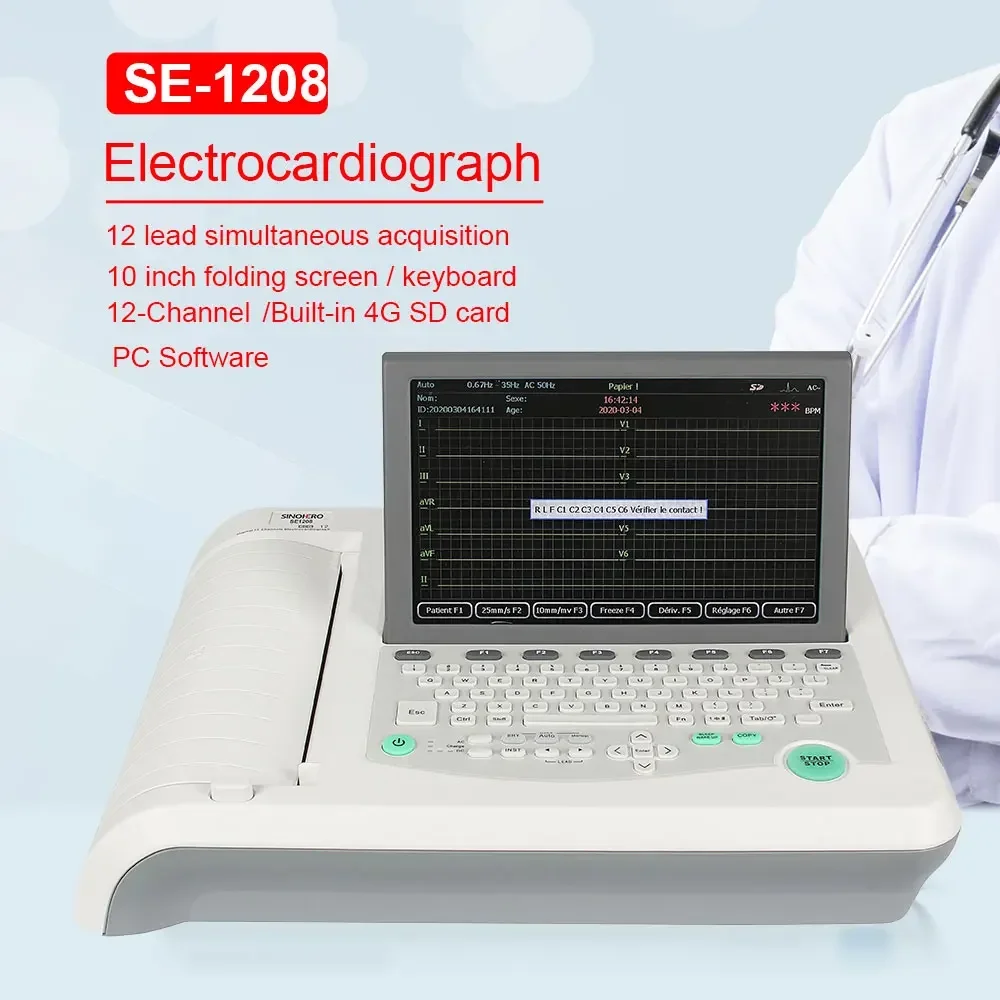 SINOHERO SE1208 ECG Machine 12 Channel 12 lead Electrocardiograph Recorder 10'' Folding LCD Disply Hospital Family ECK Monitor