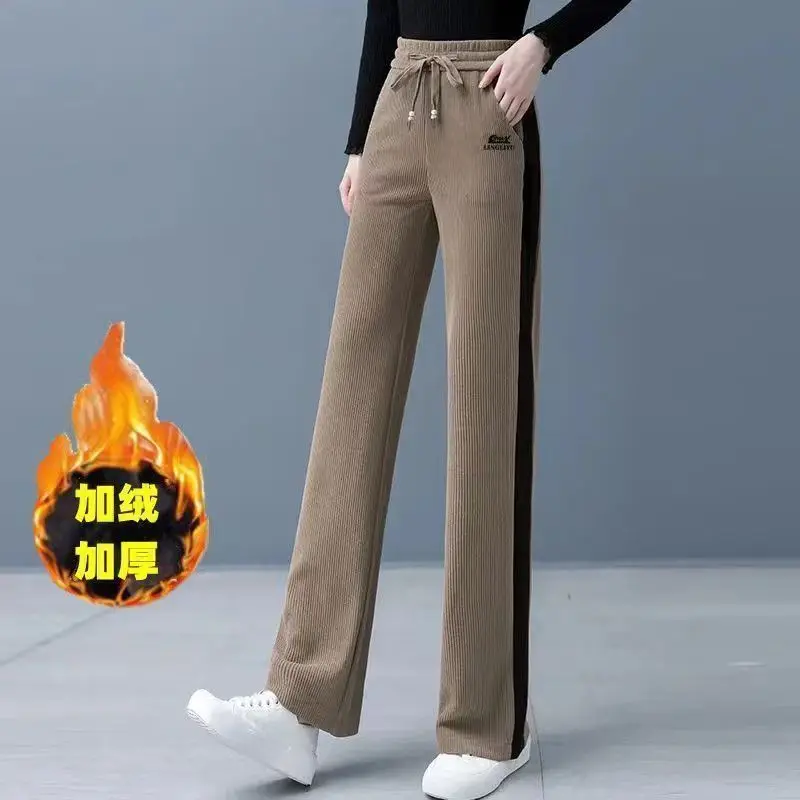 Velvet Women Pants Fleece Korean Autumn Winter Corduroy Wide-legged Pants Trouser High Waist Warm Thick Patchwork Loose Solid