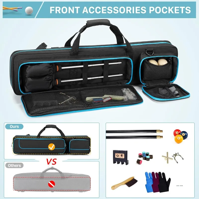 4x4 Pool Cue Case Hold Up to 4 Butts and 4 Shafts, Pool Stick Carrying Case with Front Accessories Pockets 2