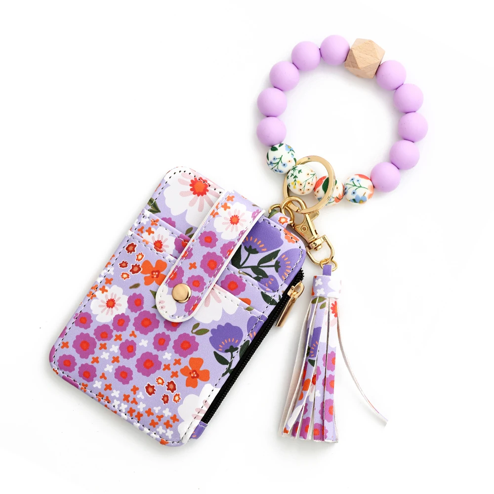 Porte-monnaie Bracelet Pour Femme - Avec Perles En Silicone, Motif Fleuri - Porte-cartes, Clés Et Pièces - 11
