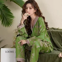 Spring and Summer Premium Green Fashion Lapel Pajamas Loungewear Set Ladies Long Sleeve Long Pants Pajamas Loungewear Set - Image 5