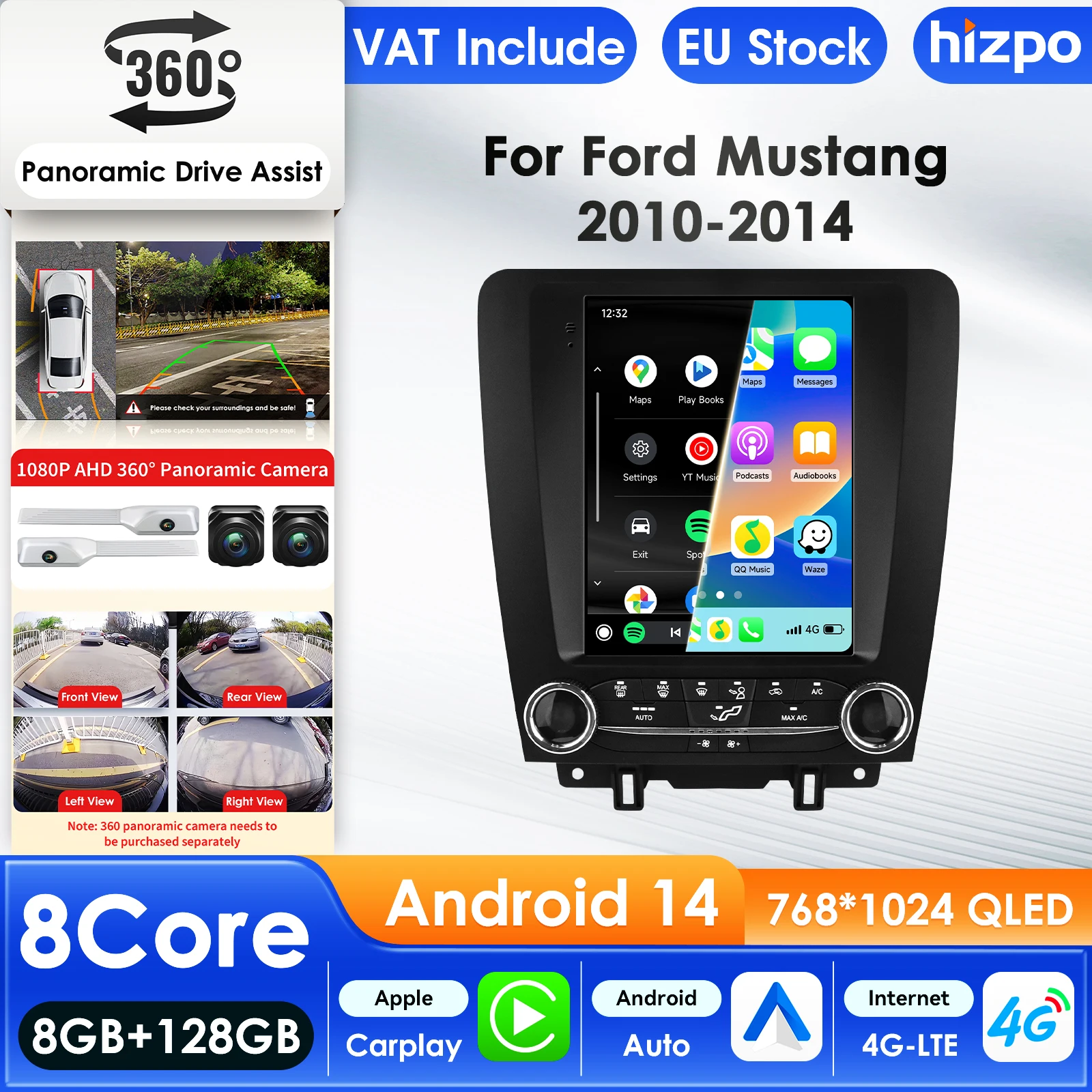 Hizpo Android 14 Autoradio für Ford Mustang 2010–2014 Audio-Multimedia-Player CarPlay Android Auto GPS BT 4F WIFI Autoradio AI