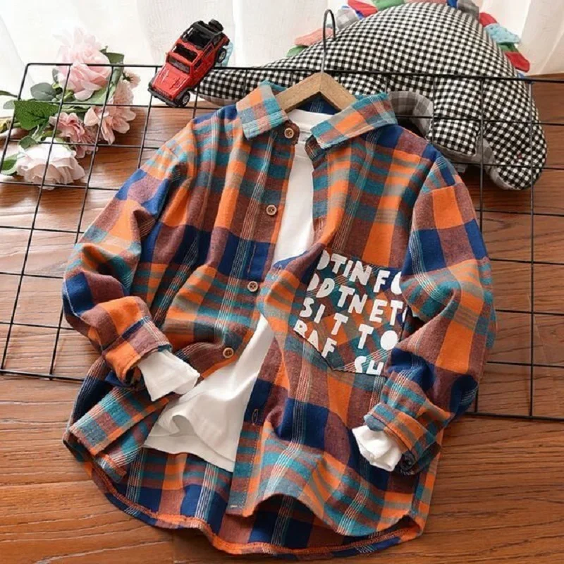 

Boys' shirt Spring and autumn Style boys' plaid lapel long-Sleeve plaid Shirt Boys' letter Shirt Casual wear