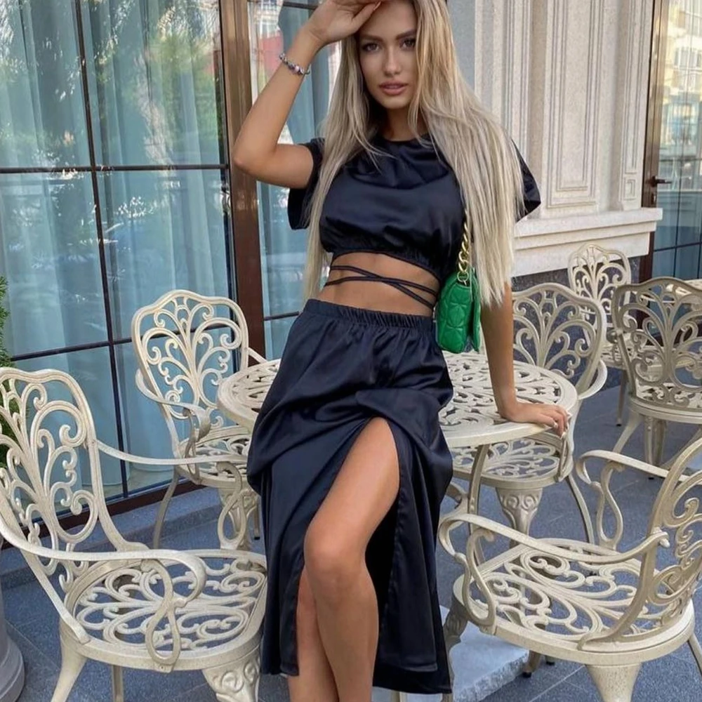 

Wepbel Dress Sets Women 2 Piece Sets Outfits Short Sleeve Top Split Skirt Suit Solid Color Summer Loose Satin Skirts Tshirt Tops