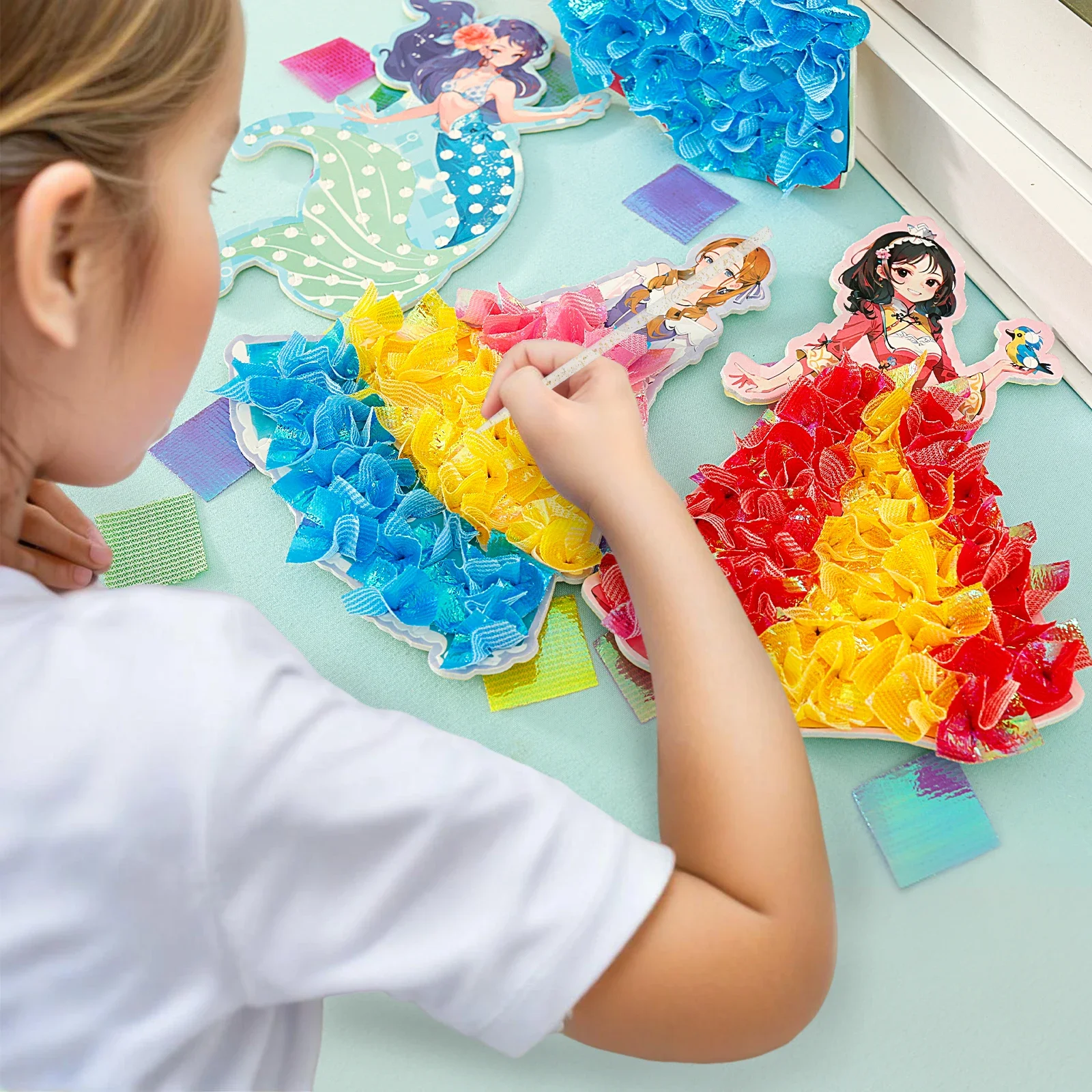 1 Set Sticker Cards Fabric Art Craze Poke Caft Toy Creative Puzzle Puncture Painting Poking Princess Dressing Game Girls Kids