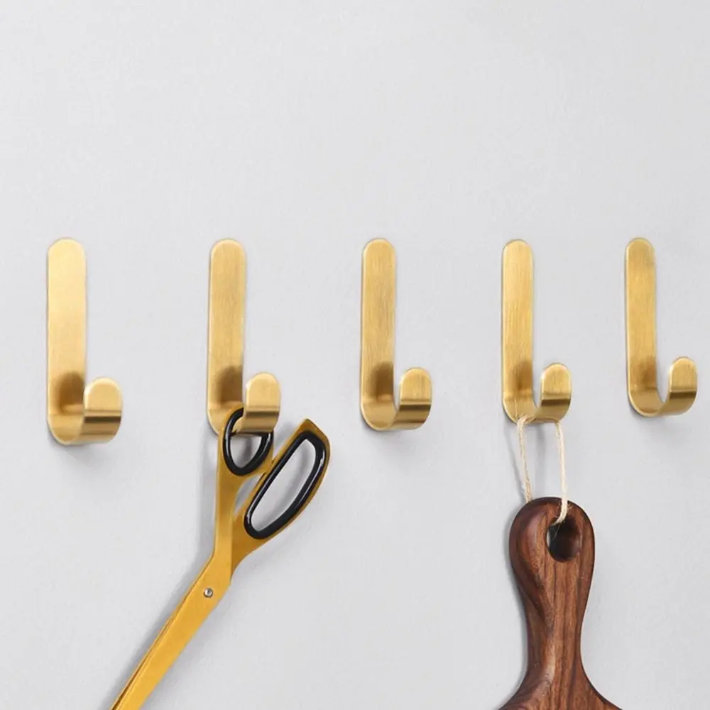 Brass Wall Hook Self Adhesive Brass Hooks Behind-door Key Clothes Hanger Hook J Shaped Towel Holder Bathroom Kitchen Accessories 5