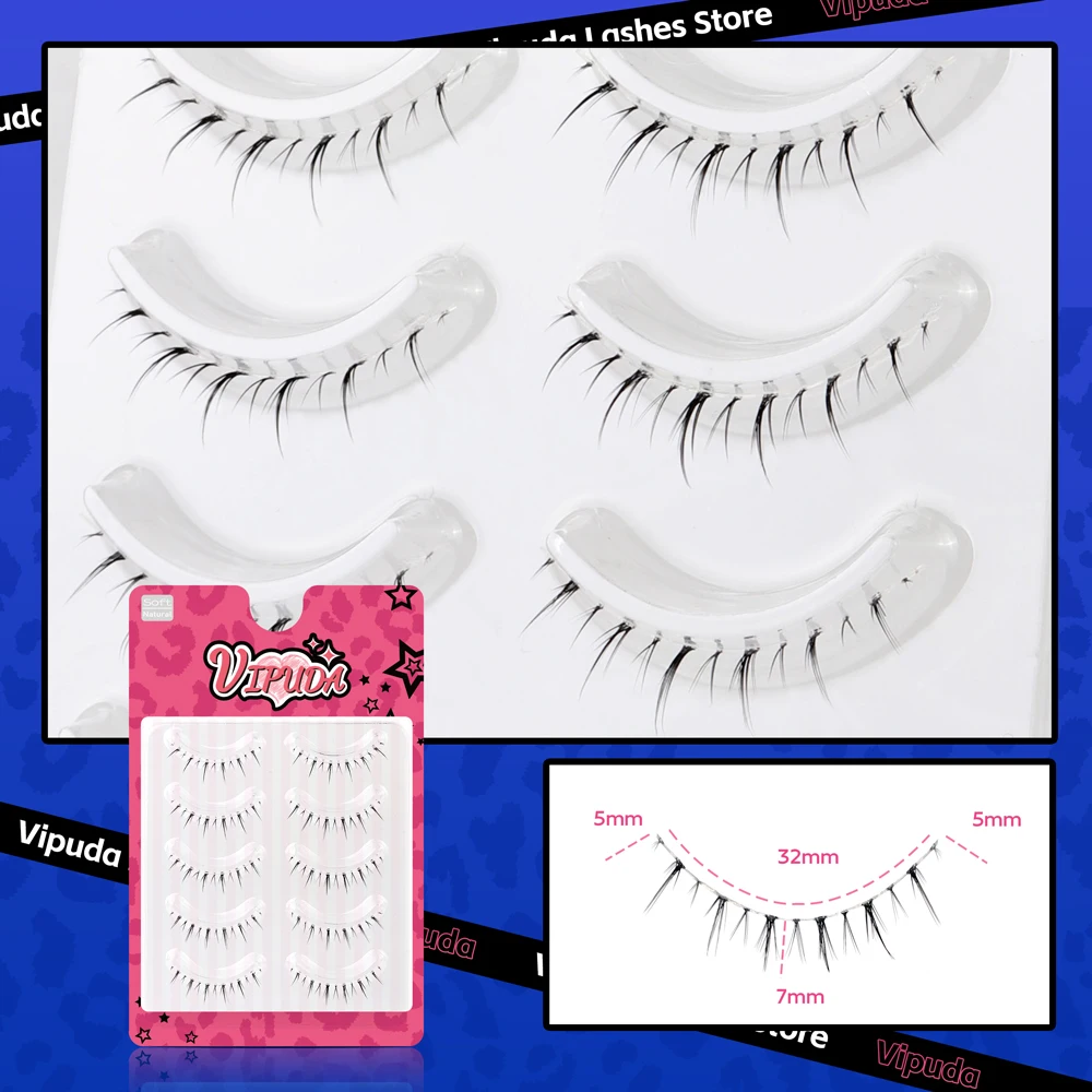 Vipuda Lower Lashes 5 Pairs Clear Band Bottom Lashes Natural Wispy Handmade Under Eye Lashes Extensions Soft Fake Lashes Pack