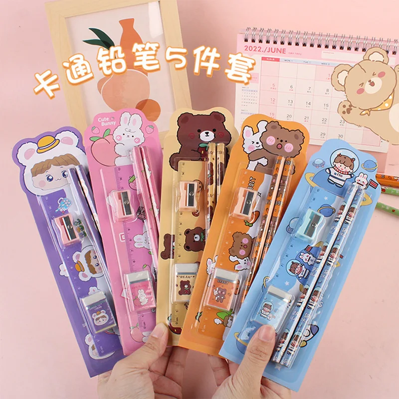 

5Pcs/set Kawaii Children's Pencils Gift School Supplies Cute Cartoon Rabbit Bear Pencil Set with Pencil Sharpener