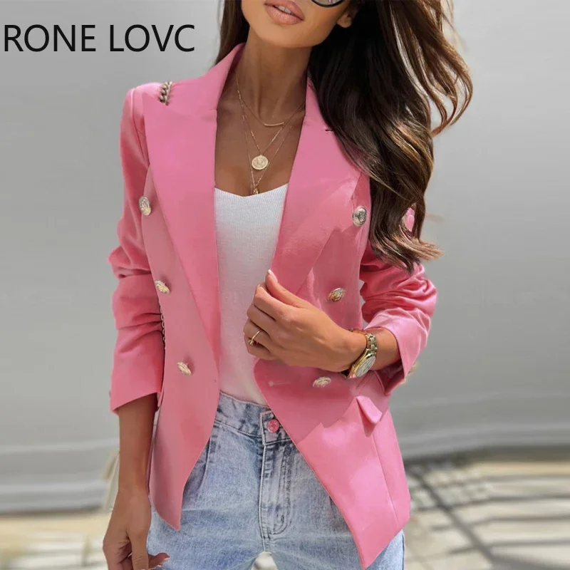 

Women Casual Solid Chic Elegant Notched Collar Double-breasted Straight Working Pink Blazer Jacket