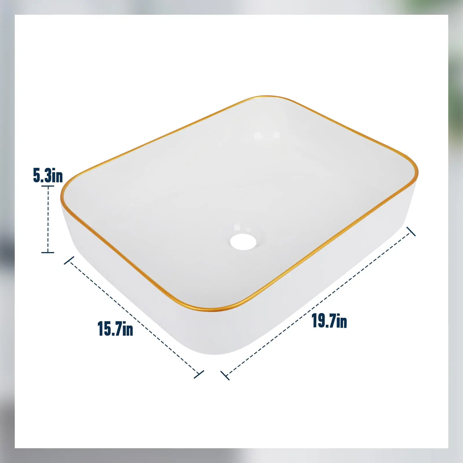 Ceramic Bathroom Sink Rectangular 20 X 16 Inch White Elegant Modern Style Gold Rim Vessel Sink Above Counter, Without Faucet 5