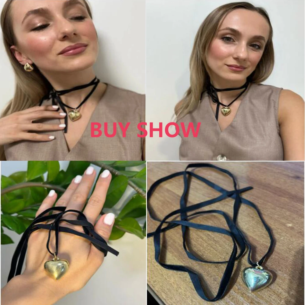 IngeSight.Z Gothic Big Heart Pendant Necklace Women Elegant Knotted Bowknot Black Velvet Clavicle Chain Collar Halloween Jewelry