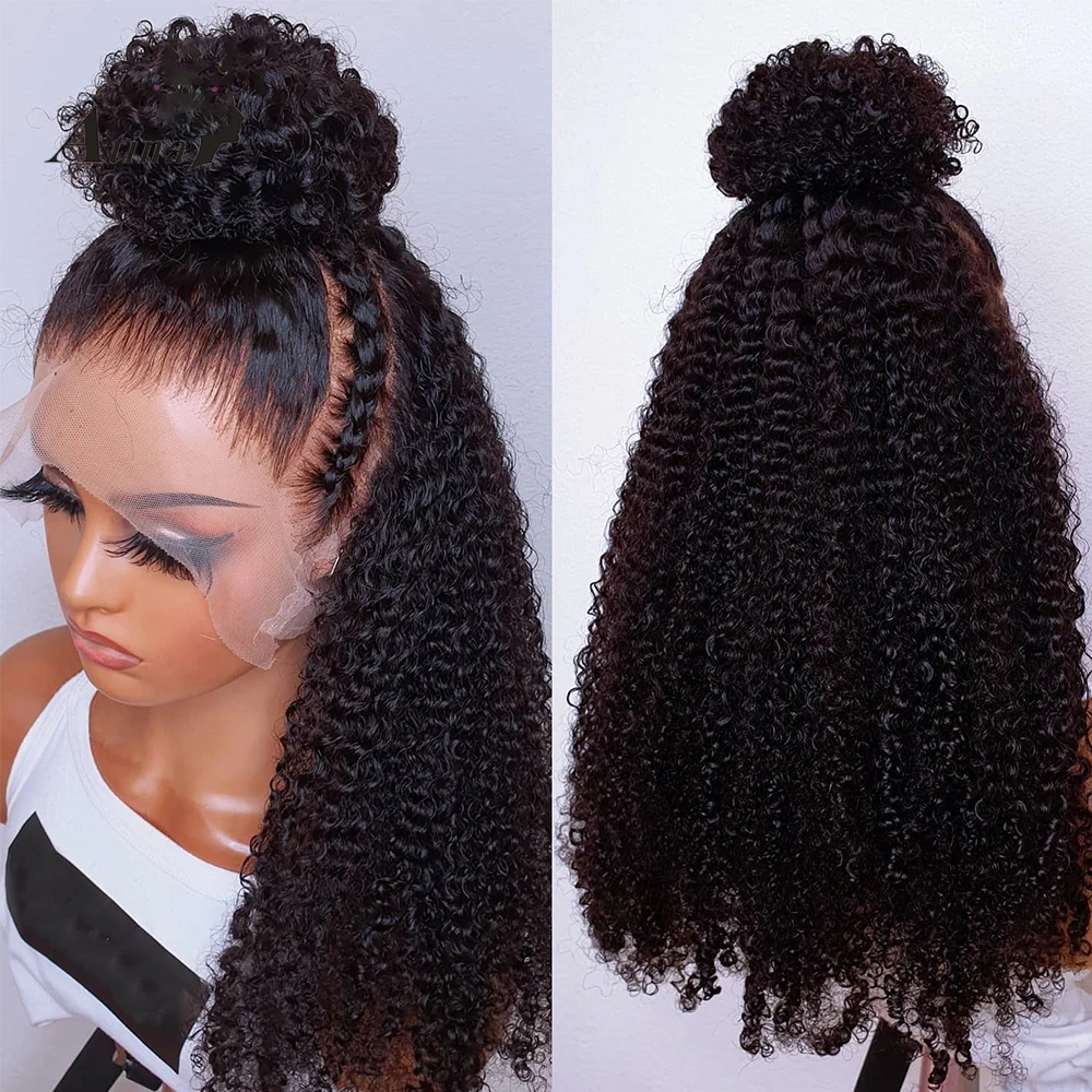 26&ldquo; Long Glueless Natural Black 180Density Kinky curly Lace Front Wig For Women Soft BabyHair Preplucked Heat Resistant Daily lace front wig