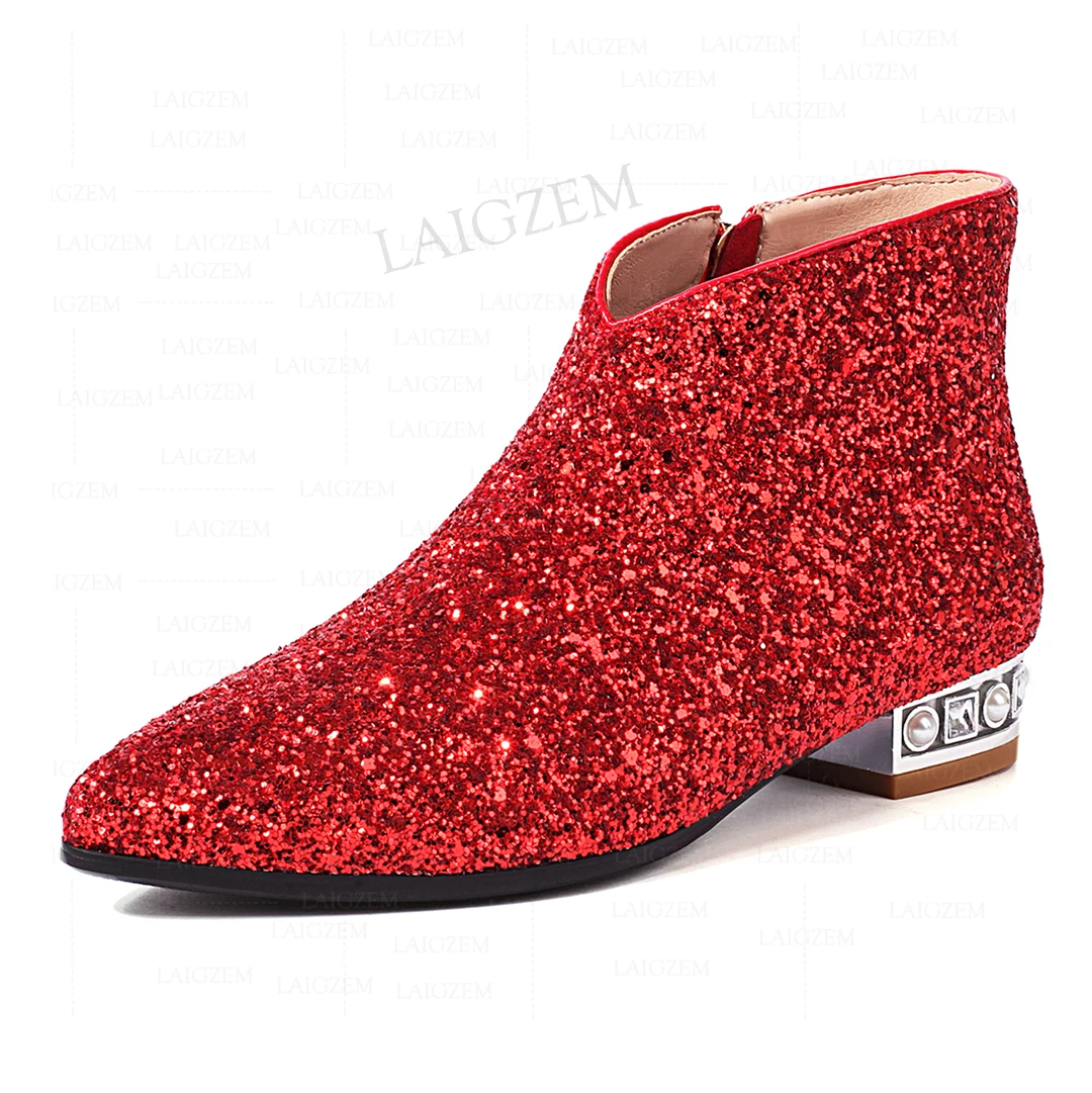 

LAIGZEM Women Ankle Boots Glitter 2.5CM Pointed Toe Square Heels Side Zip Up Short Booties Ladies Shoes Woman Big Size 33 47 48