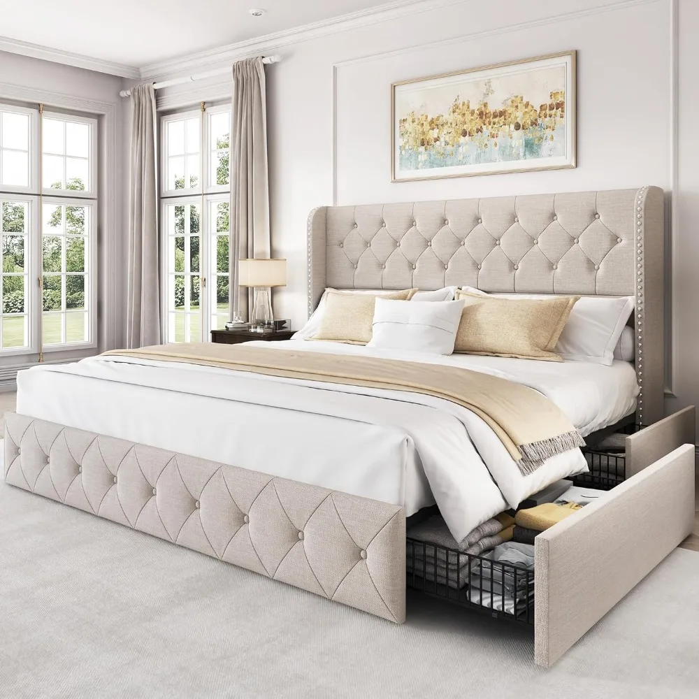 

King Size Bed Frame with Tufted Headboard, Linen Upholstered Wingback Beds, Easy Assembly,Bed Frame