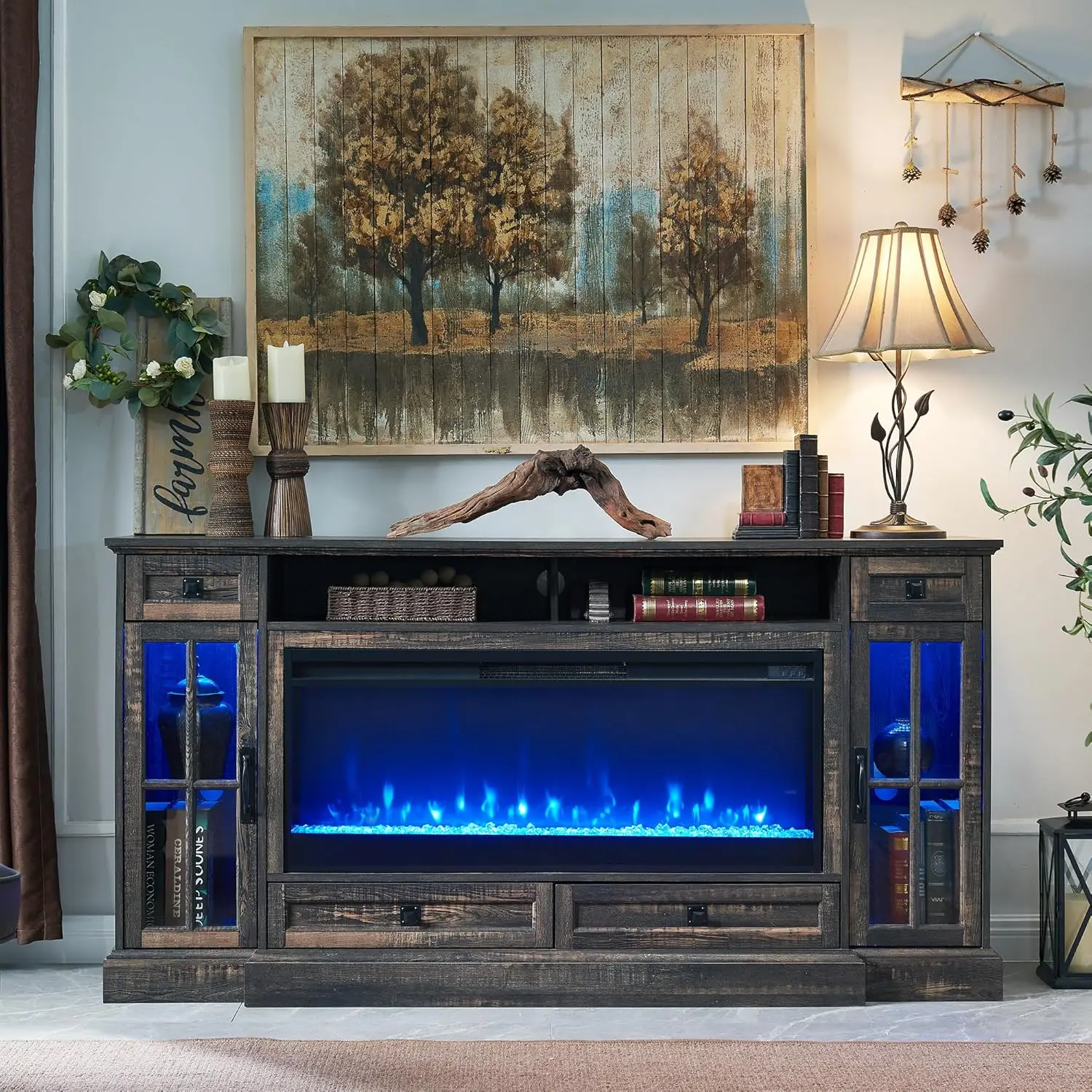Fireplace TV Stand for 80 Inch TV, Farmhouse Entertainment Center with 42" Fireplace & LED Lights, Modern Media Console Table 3