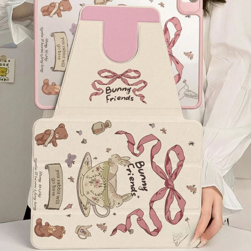 Elegant Bow Tie Teacup Bunny Rotating Tablet Cover