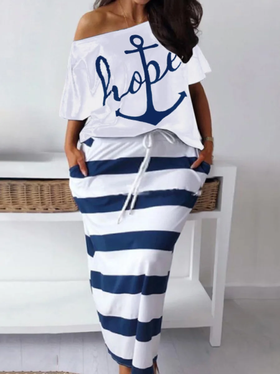 LW 2 Piece Long Skirt Sets Plus Size Two pieces sets Letter Print Striped Skirt Set Y2k Two Piece Outfit casual Beach Wear
