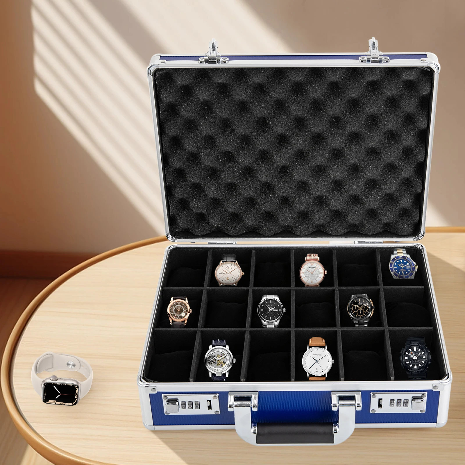 18 slot watch case with lock display briefcase, used for storing rings, jewelry, bracelets, earrings, cufflinks, hair clips