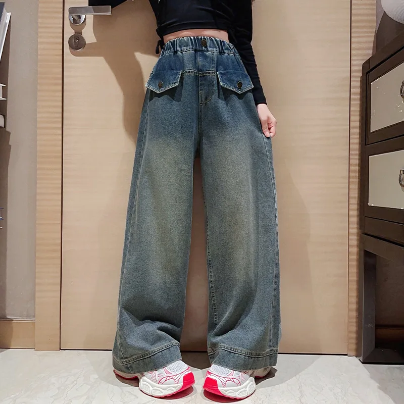New Fashion Teenager Girls Denim Wide Leg Pants Children