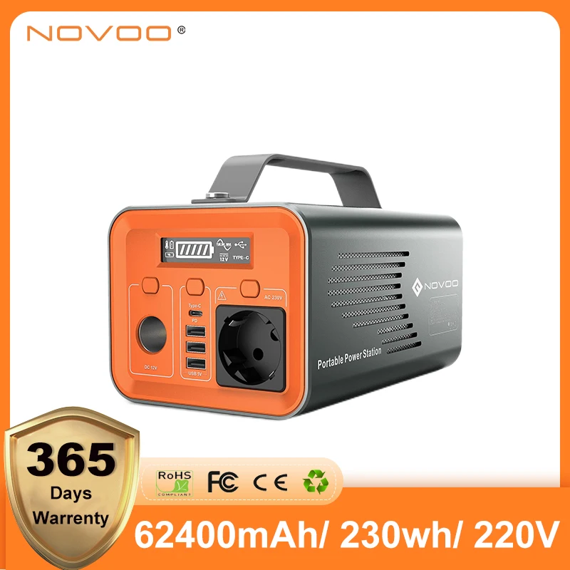 NOVOO Portable Power Station 230Wh 62400mAh Solar Generator 110V/200W Pure Sine Wave AC Outlet/ 60W Type-C PD/Car Port/USB Ports Backup Battery Power Bank for Outdoor Camping Travel Emergency 