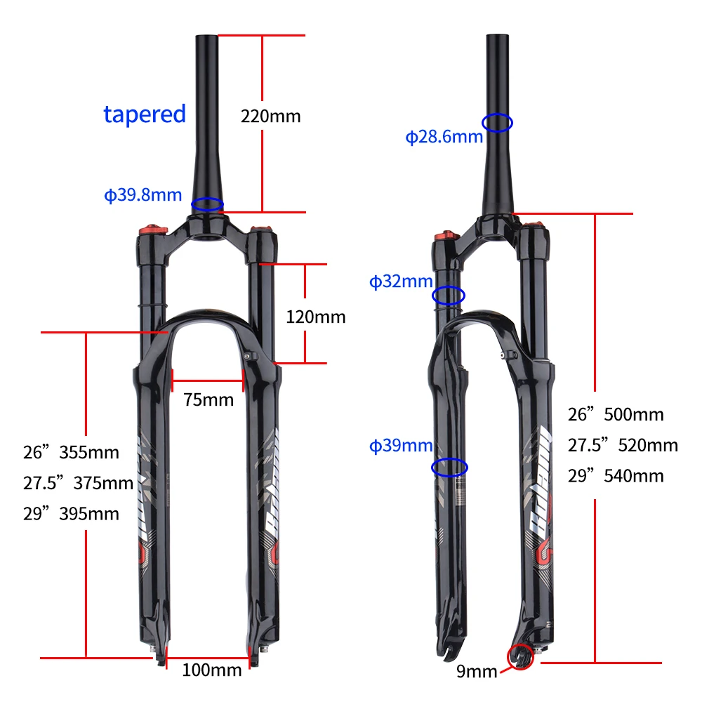 BSFHQS Fourches De Suspension pour Vélo De Montagne 26/27,5/29 Pouces Fourche Avant VTT 1-1/8 Droite/Conique Fourche À Air Course 100mm 9x100mm QR Frein À Disque(Gold-Straight-Manual,26
