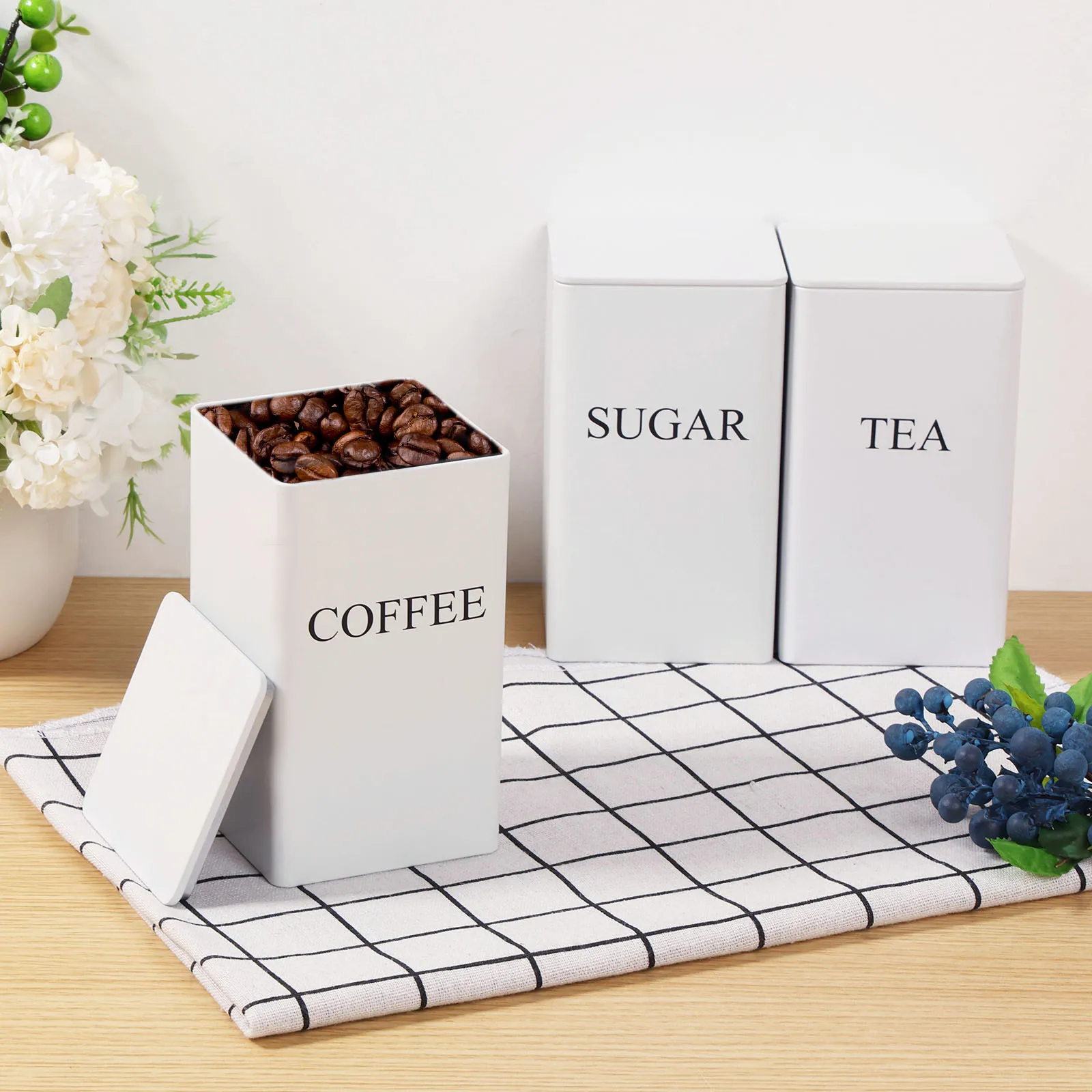 3Pcs Coffee Bean Storage Canisters Tea Sugar Vacuum Sealed Jars Iron Canisters Heat Kitchen Cream Can Airtight Lid 1L 2