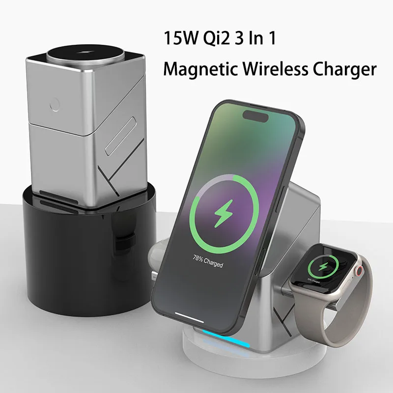Support de chargeur sans fil magnétique rotatif Qi2 3 en 1 15 W pour iPhone 16 15 14 13 12 Max, iWatch, Airpods, station de charge rapide