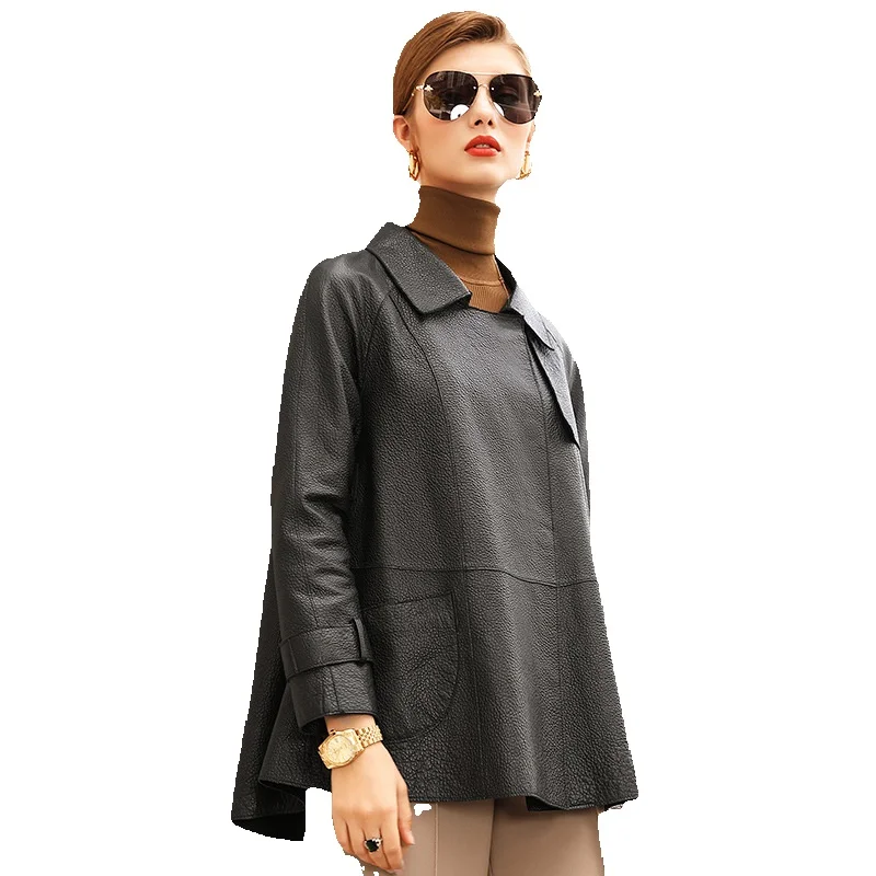 

Bubble Leather Sheepskin Jacket For Women's Long Korean Version Loose Casual Season New Leather Jacket
