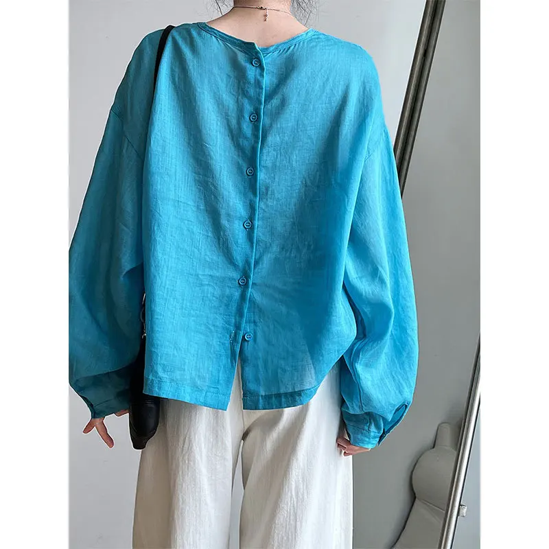 

SuperAen Spring/Summer 2024 Front and Back Linen Blouse Women's Korean Long Sleeve Sunscreen Shirt