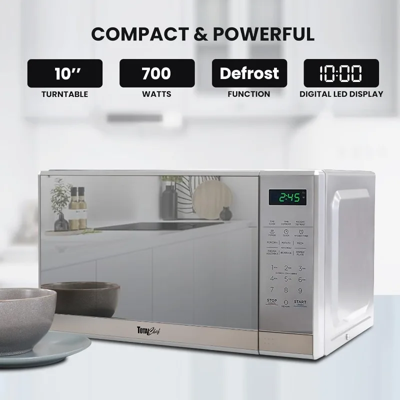 Compact countertop microwave, 0.7 cubic foot capacity, digital touch screen, one-touch button start, 6 preset cooking modes 2