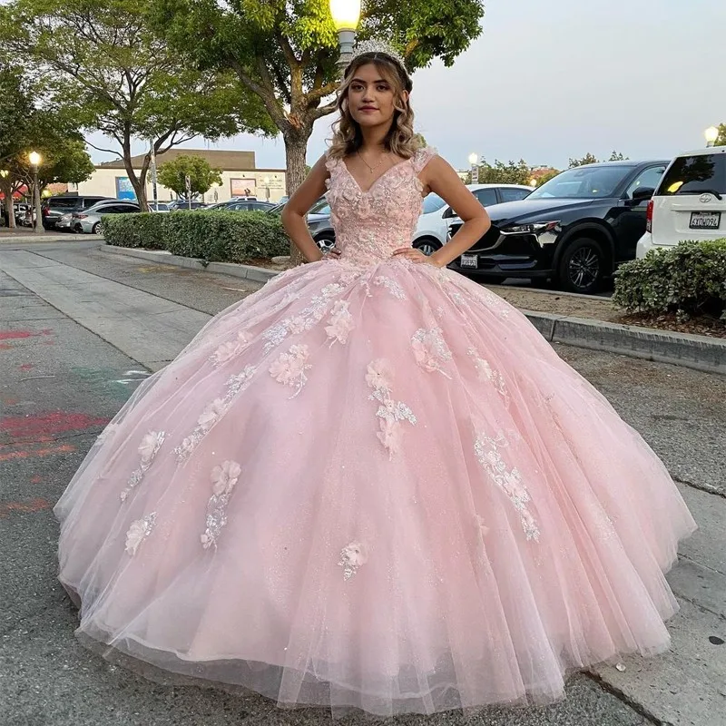 

Pink Sexy V-Neck Shiny Princess Prom Dress Off Shoulder 3D Appliqué Quinceanera Dress Tulle 15th Birthday Party Dress