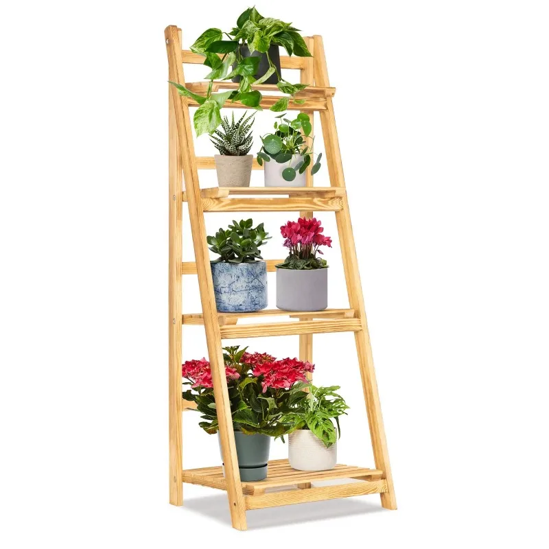 

Solid Pine Wood Stand Vintage Rustic Plant Shelves Beautify Bedroom, Entryway, Balcony Convenient Foldable