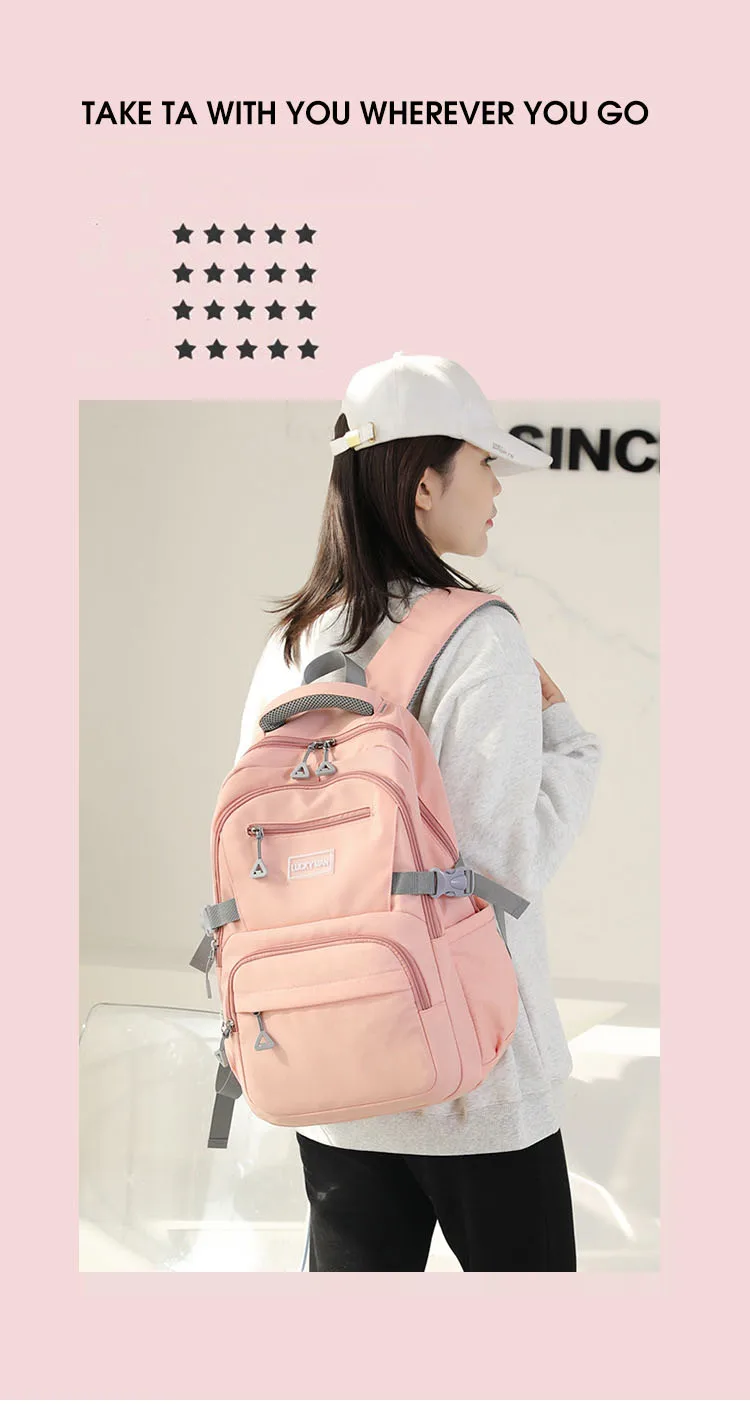 Women's Backpack Fashion Solid Color Backpack Teenage Girls School Shoulder Bag Waterproof Nylon Bagpack