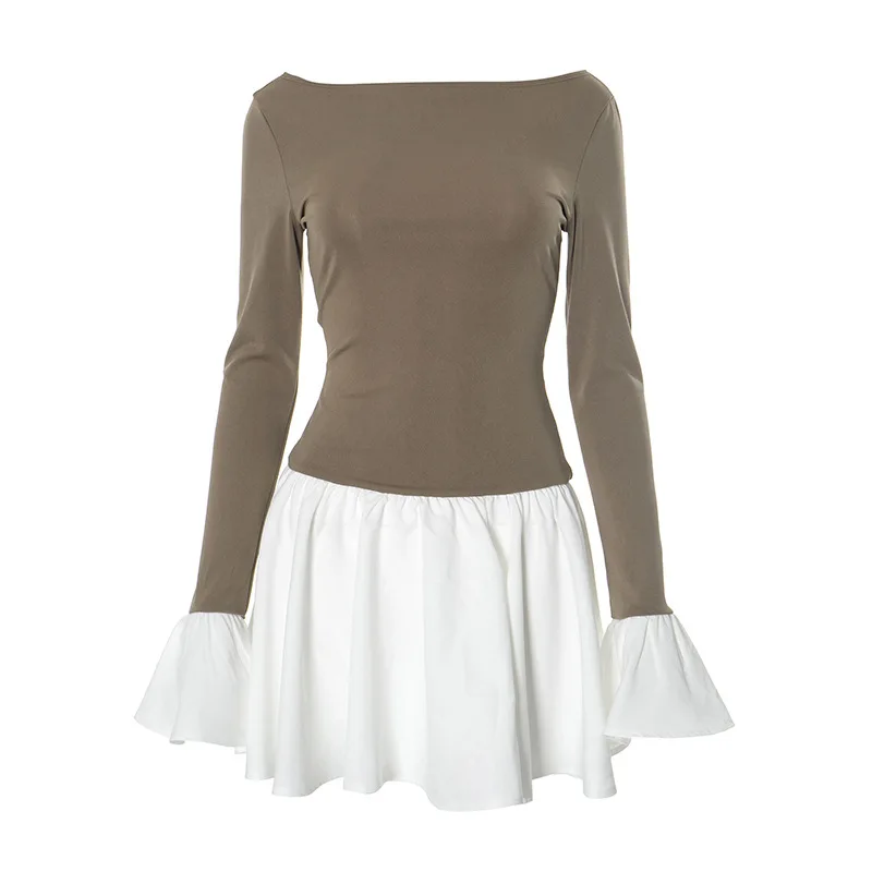 Ruffled Contrast Casual Mini Dress Women's Patchwork High Waist Elegant Fashion Party Dress Female Y2k Mini Dress New