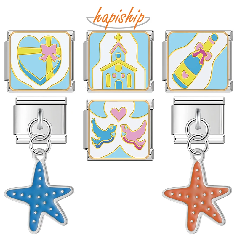 Hapiship New Heart Love Church Starfish Italian Charms Fit 9mm Stainless Steel Bracelet Making Jewelry DJ295