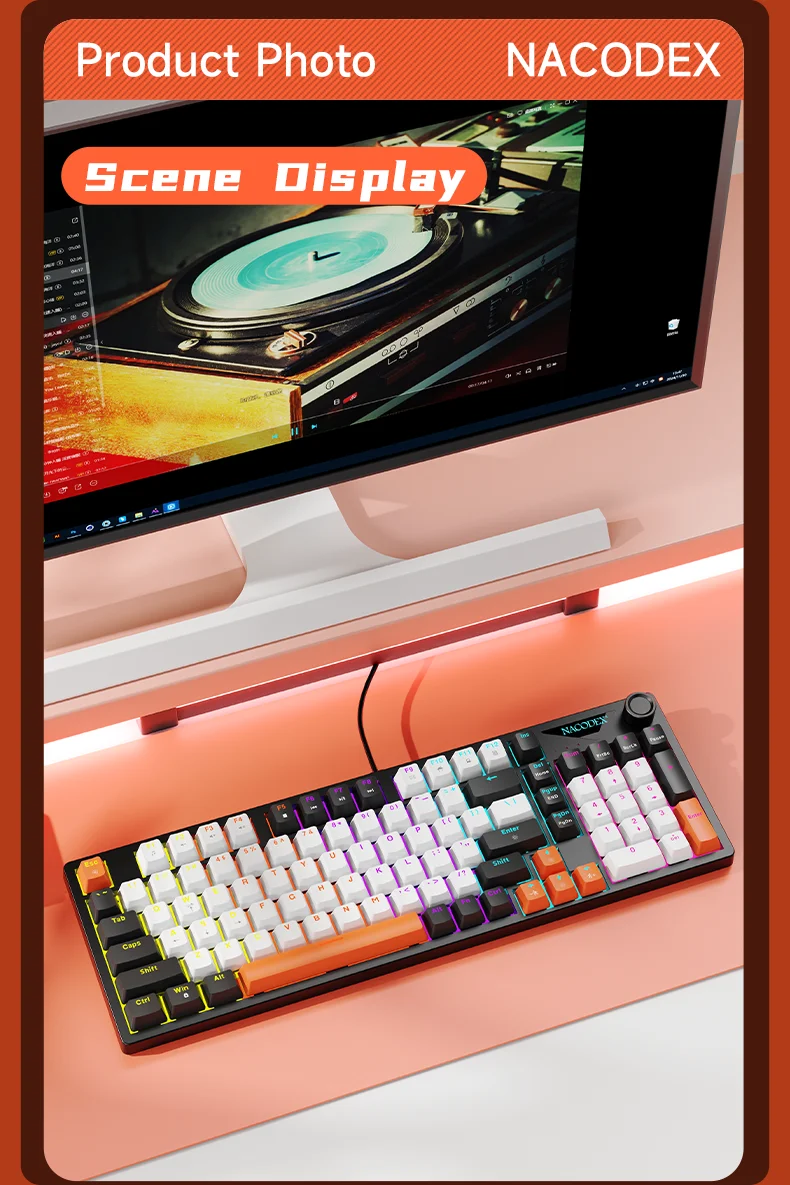 AJAZZ NK98 Hot-Swap-fähige Mechanische Tastatur, Metall-Lautstärkeregler, Beleuchtete Tastenkappen, Kabelgebundene Tastatur – Detail 14